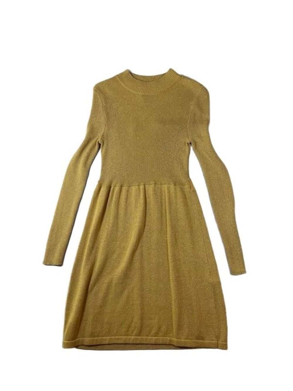 Free People French Girl Metallic Gold Mock Neck Long Sleeve Sweater Dress Size X
